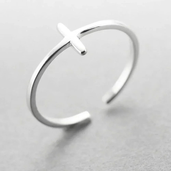 Minimalist 925 Sterling Silver Dainty Sideways Cross Ring - Picture 2 of 4